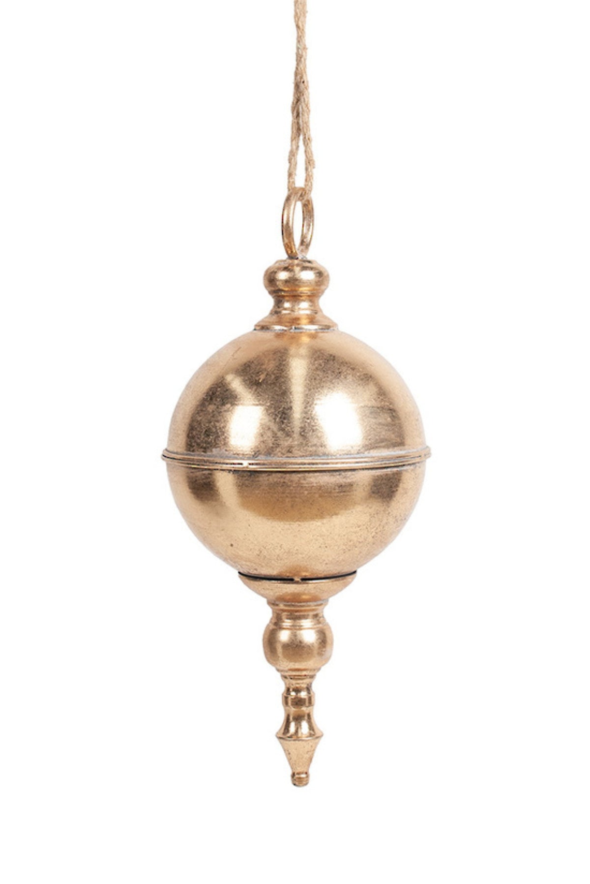 Soft gold metal orb hanging Christmas decoration with a turned finial and loop, 46cm tall