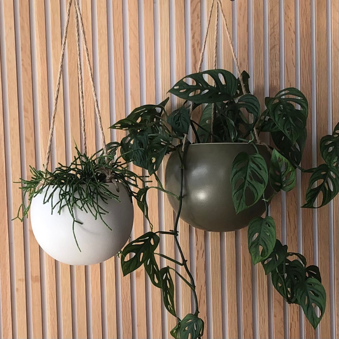 Orbit Hanging Planter – Oatmeal Stoneware with Matte Reactive Glaze (Small & Large)