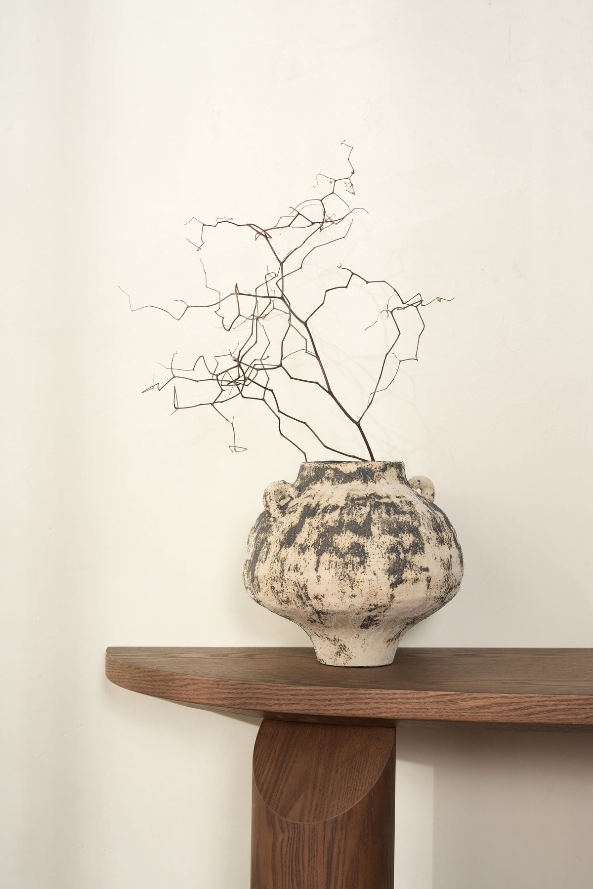 Close view of a speckled ceramic vase with twisting dry branches on the ash top