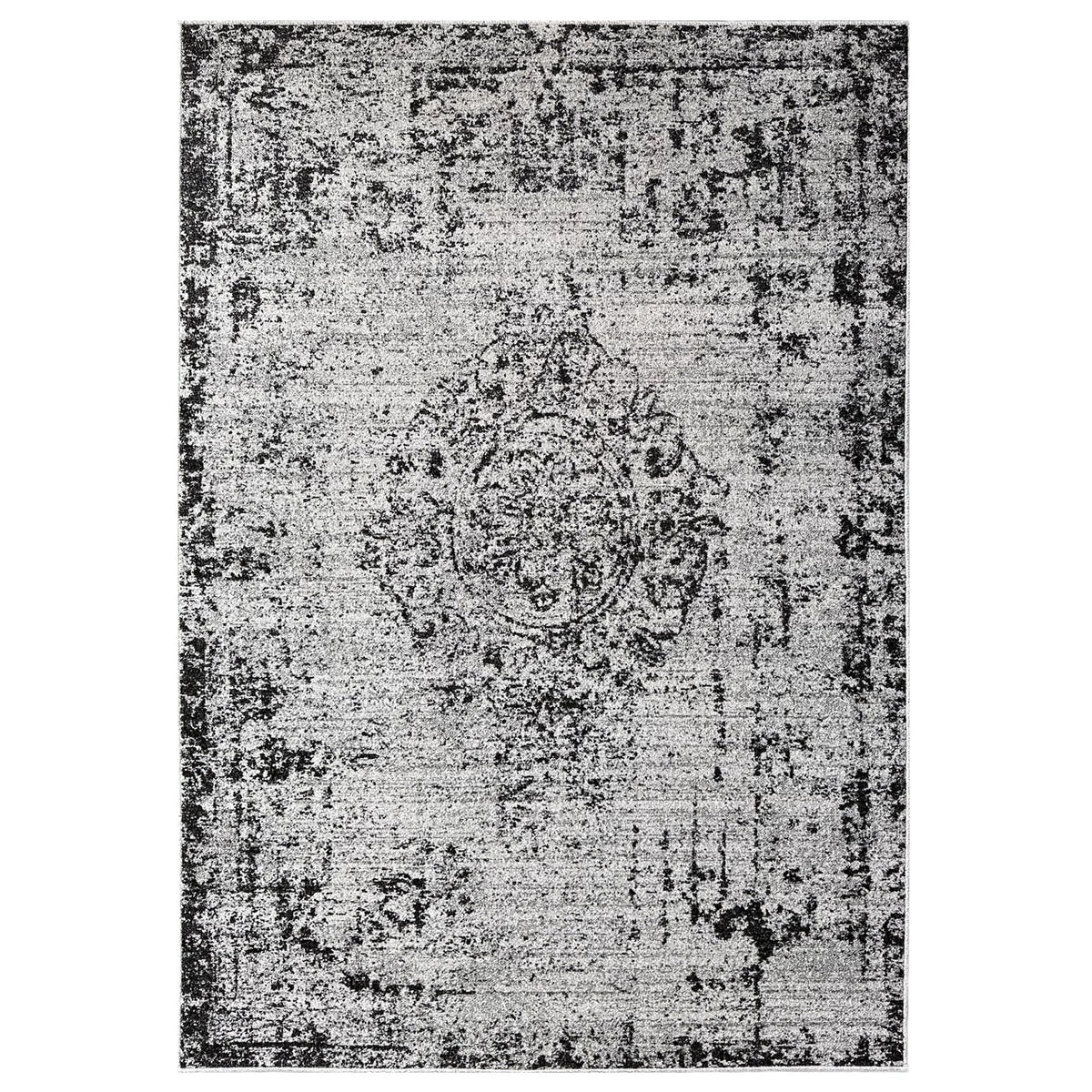Otto Vintage Medallion Rug in distressed grey and black with a central medallion, shown flat on white