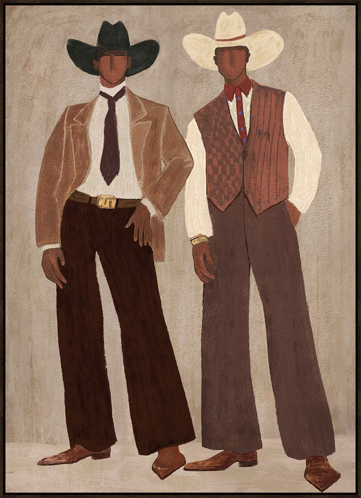 Full view of the Outlaws artwork showing the checked waistcoat, belt buckle, ties and pointed boots