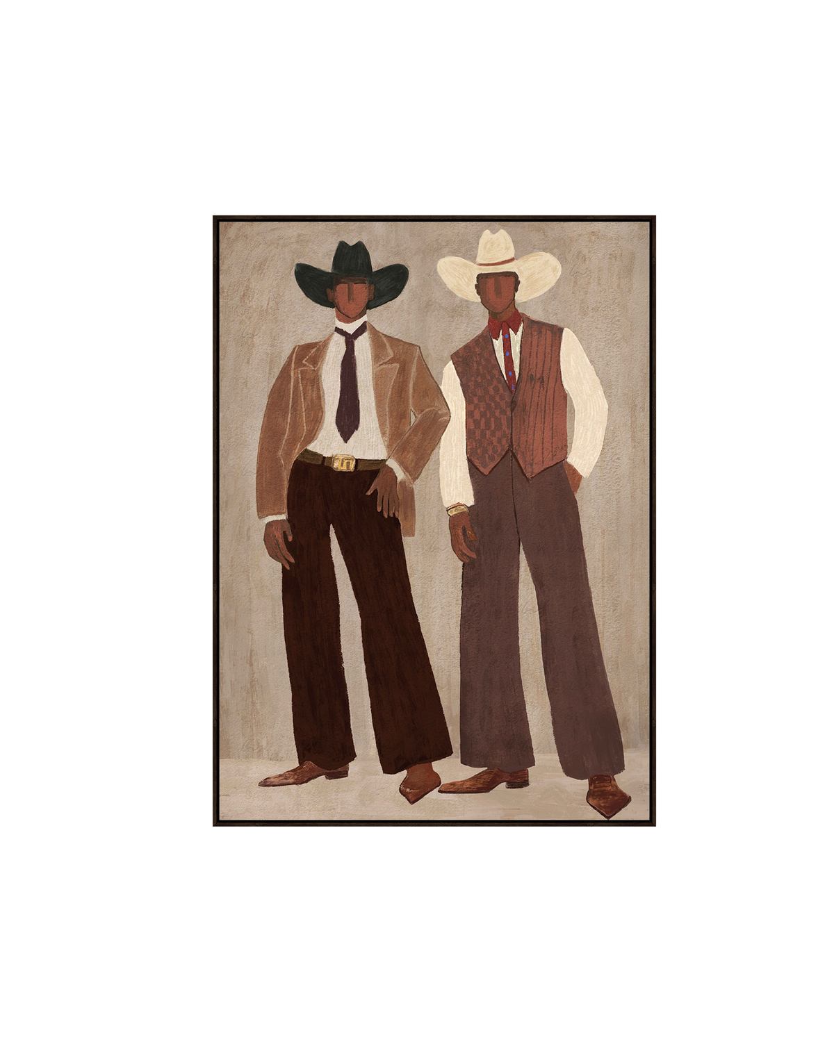 Outlaws Print by Ned Collections, framed canvas of two cowboys in tan and rust outfits with black and cream hats