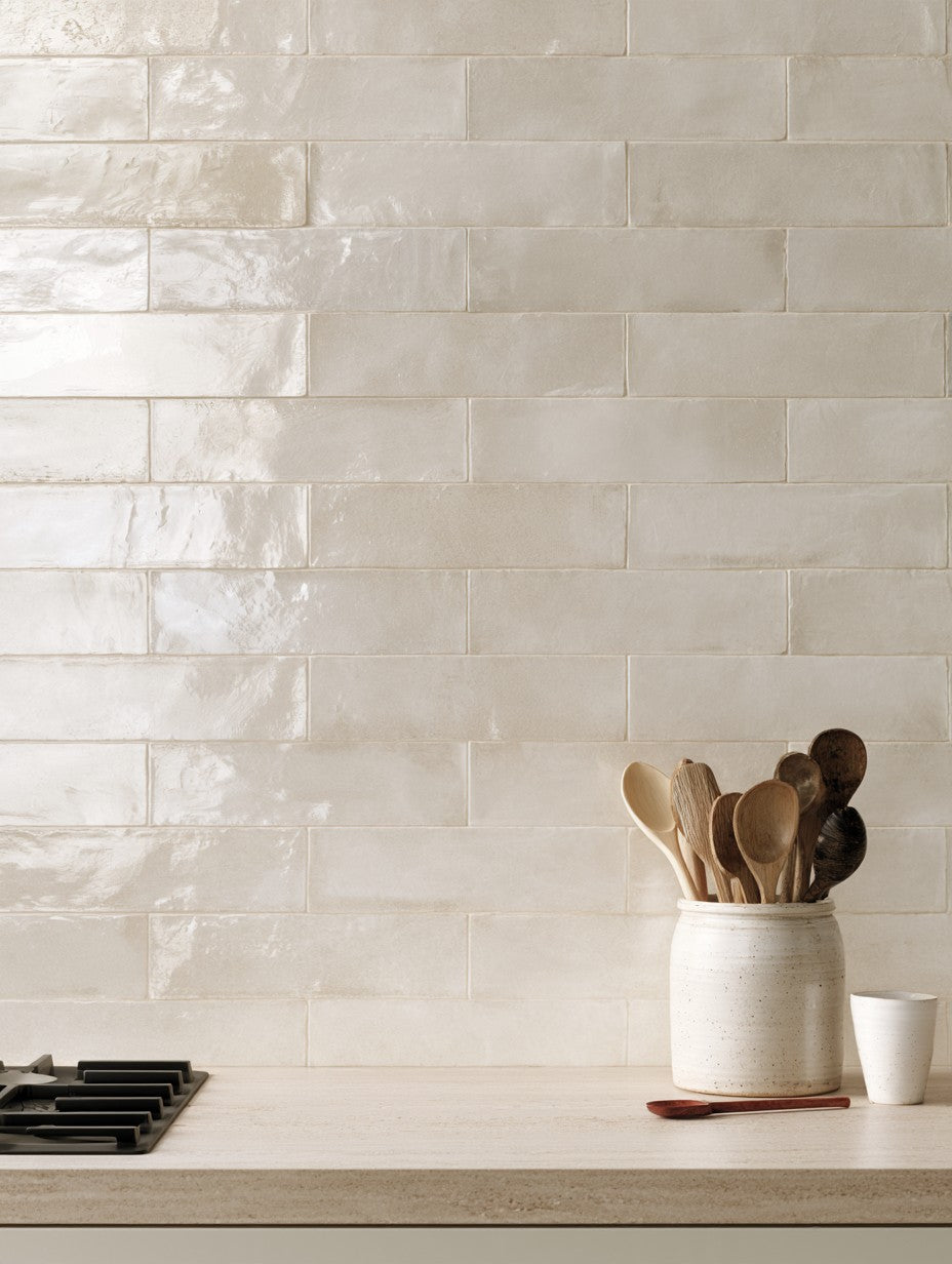 Wooden spoons standing in a speckled cream crock on a pale kitchen bench against glossy cream tiles