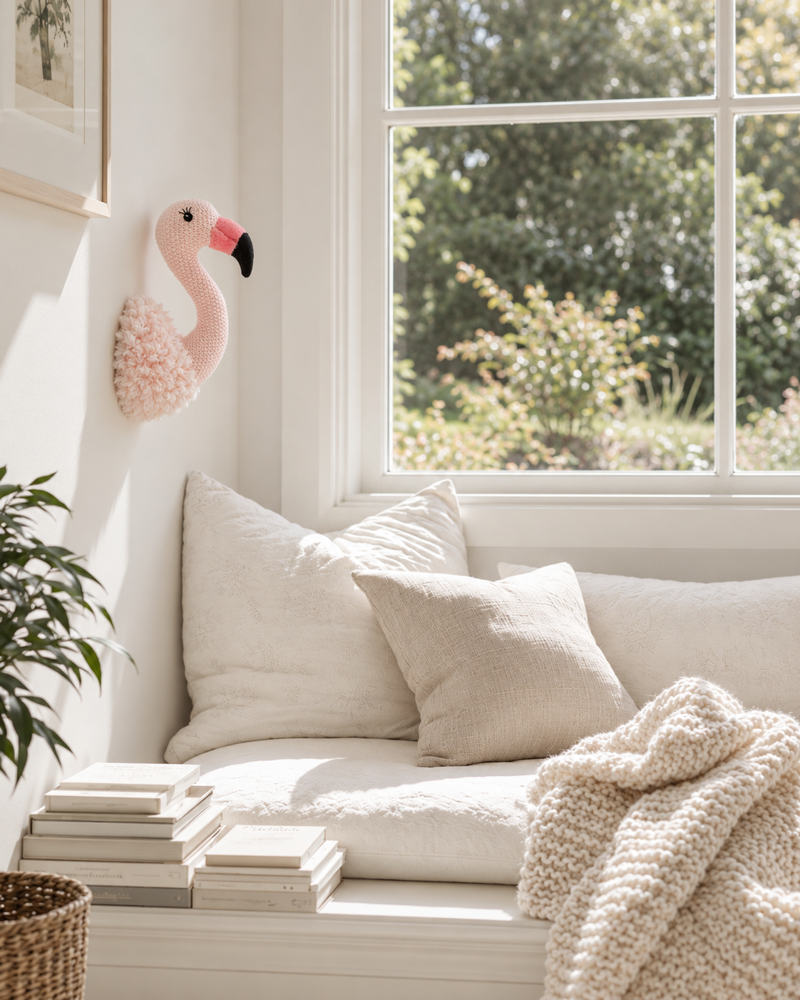 Flossie Flamingo plush head mounted on the side wall of a window seat nook, neck projecting out into the room