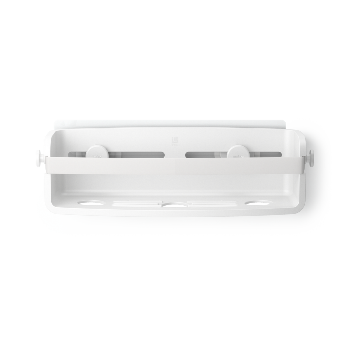 Umbra Flex adhesive shower bin in white seen from the front, drainage slots below