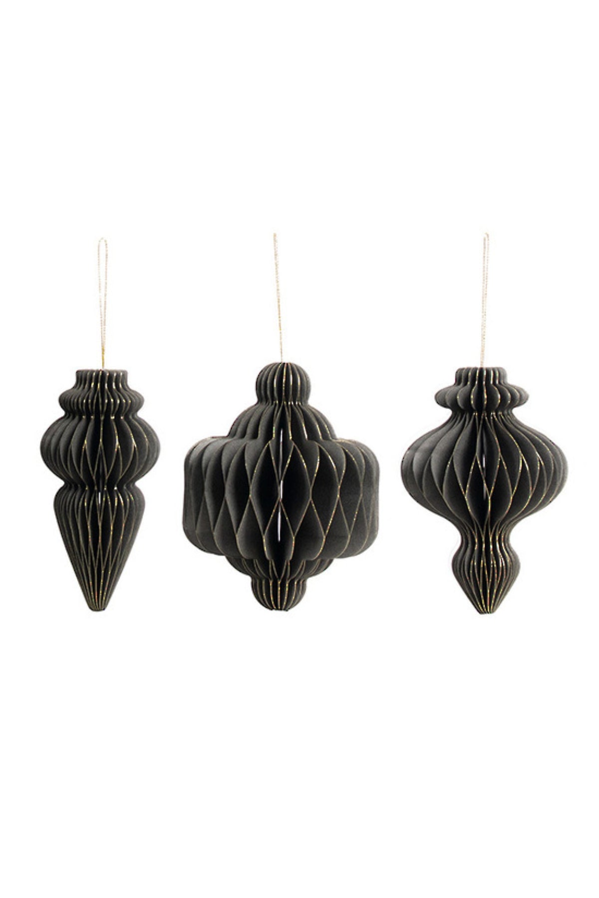 Set of three honeycomb paper finial Christmas decorations in different shapes, grey, large