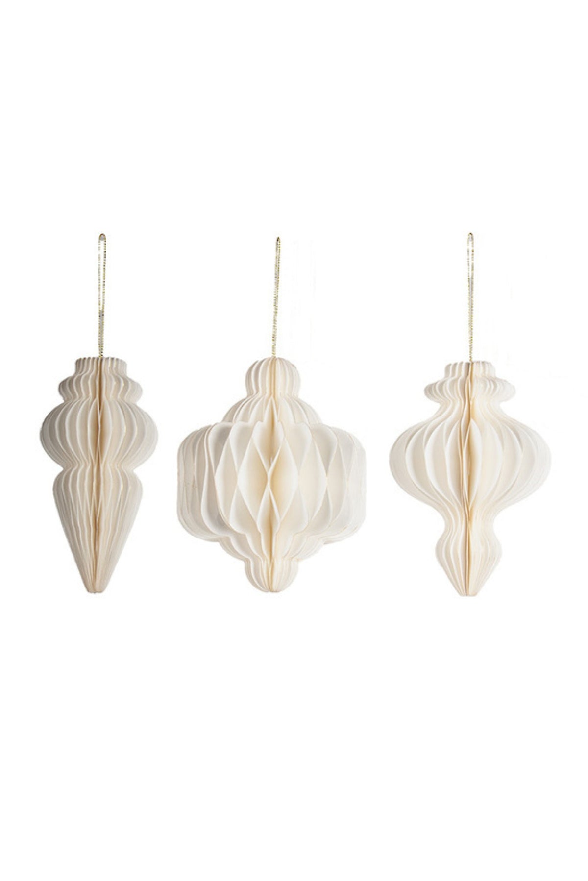 Set of three honeycomb paper finial Christmas decorations in different shapes, off white, large