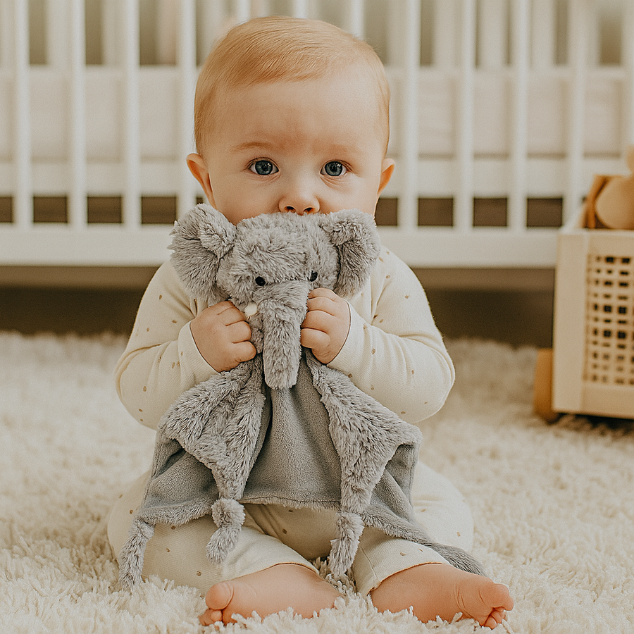 Baby holding Peanut the Elephant gray plush toy in a crib room