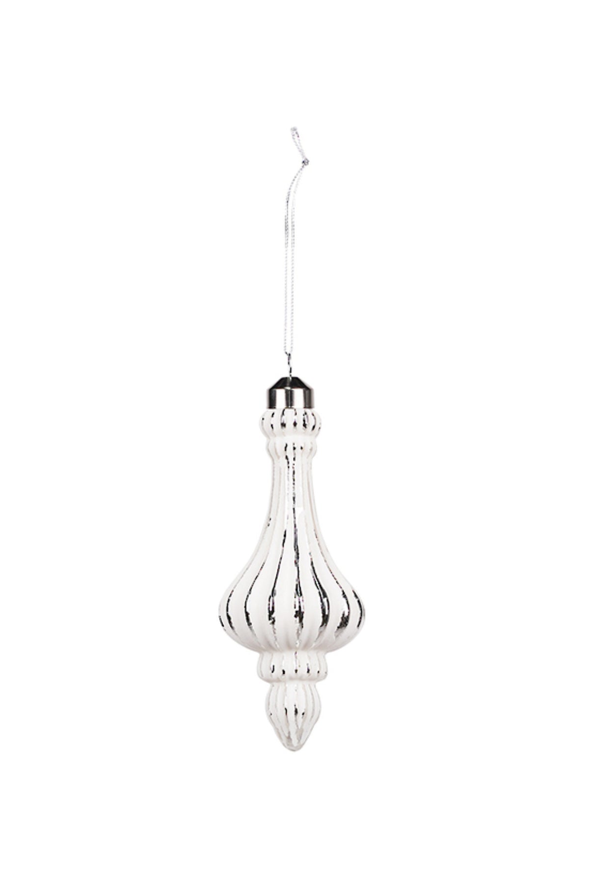 Long white and silver striped pendant Christmas bauble with a pointed drop, 16.5cm