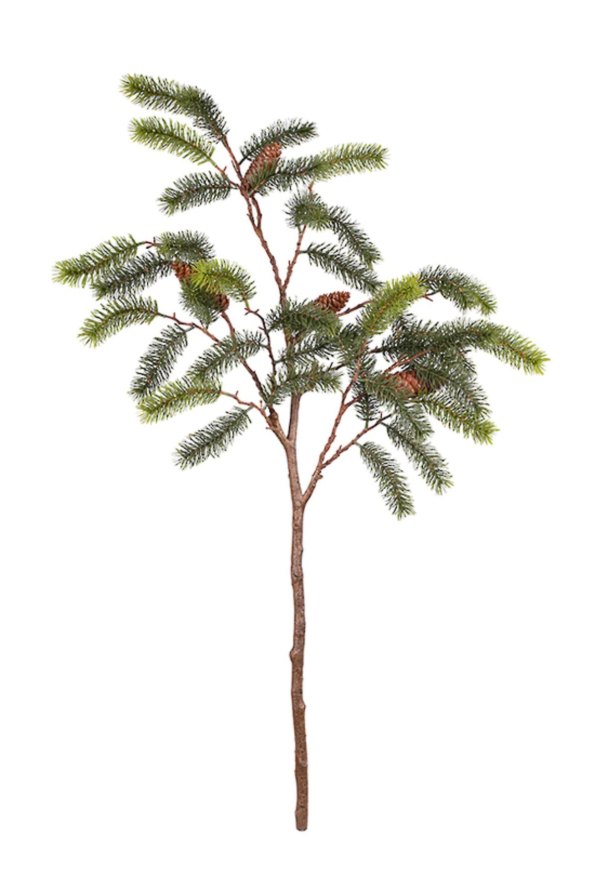Tall artificial pine branch with long needles and small pine cones, 1m stem