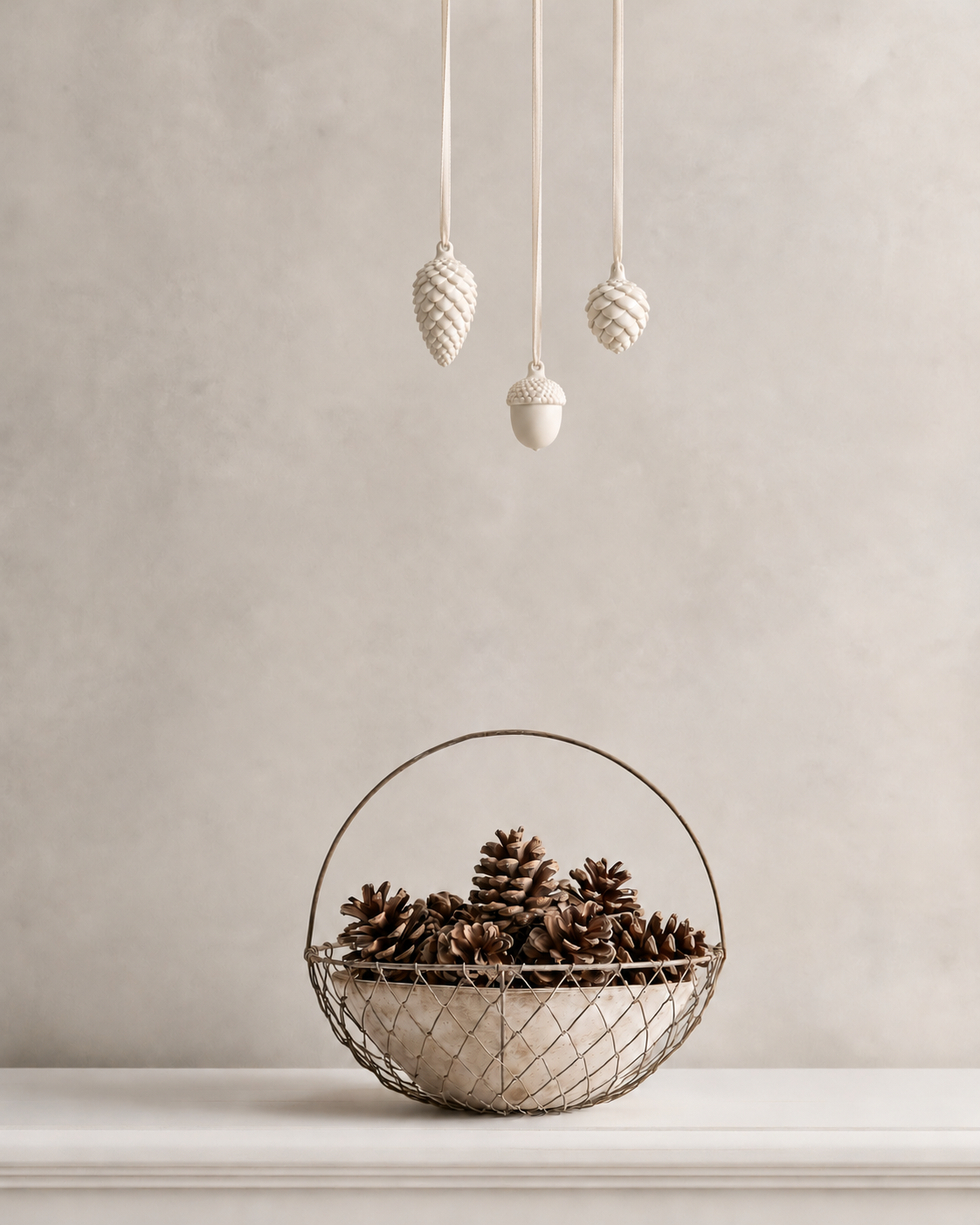 Milk white pinecone and acorn hanging decorations on cream ribbons above a wire basket of pinecones