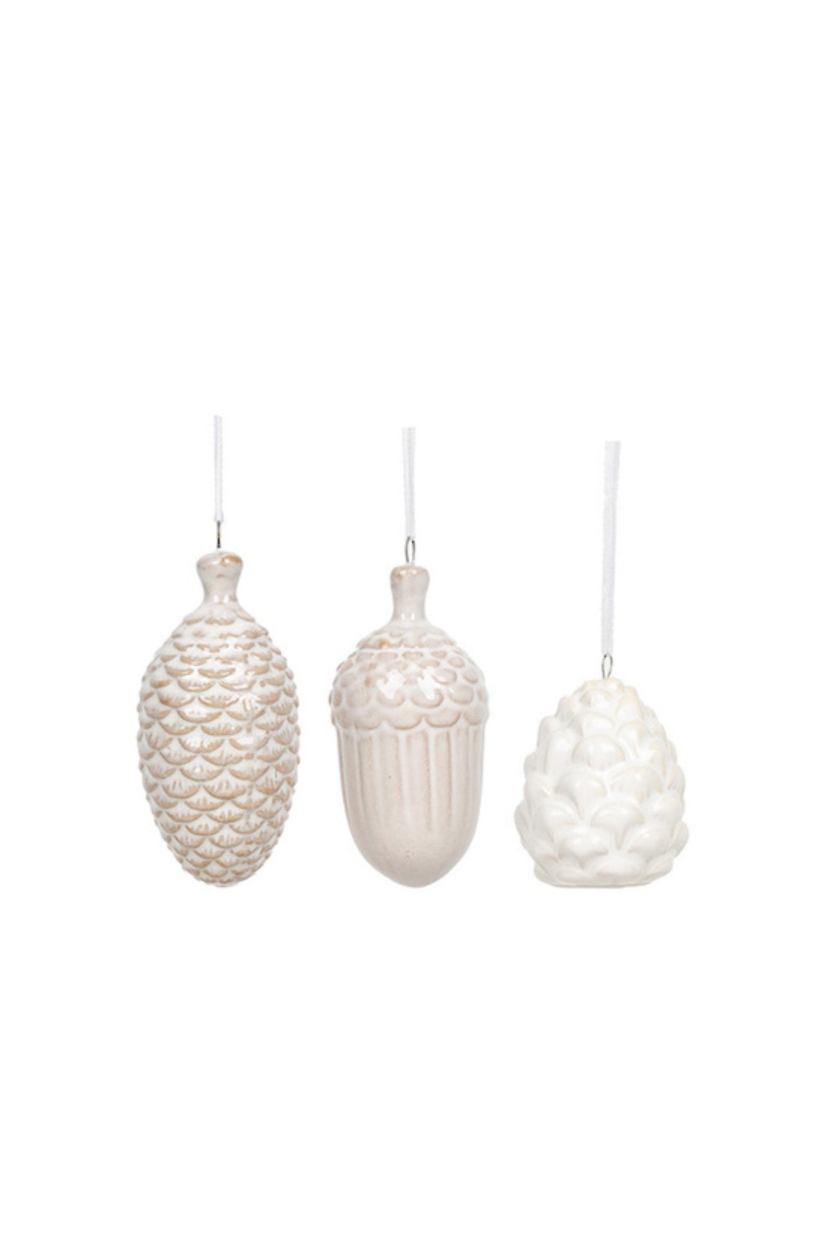 Three milk white pinecone and acorn shaped hanging Christmas decorations
