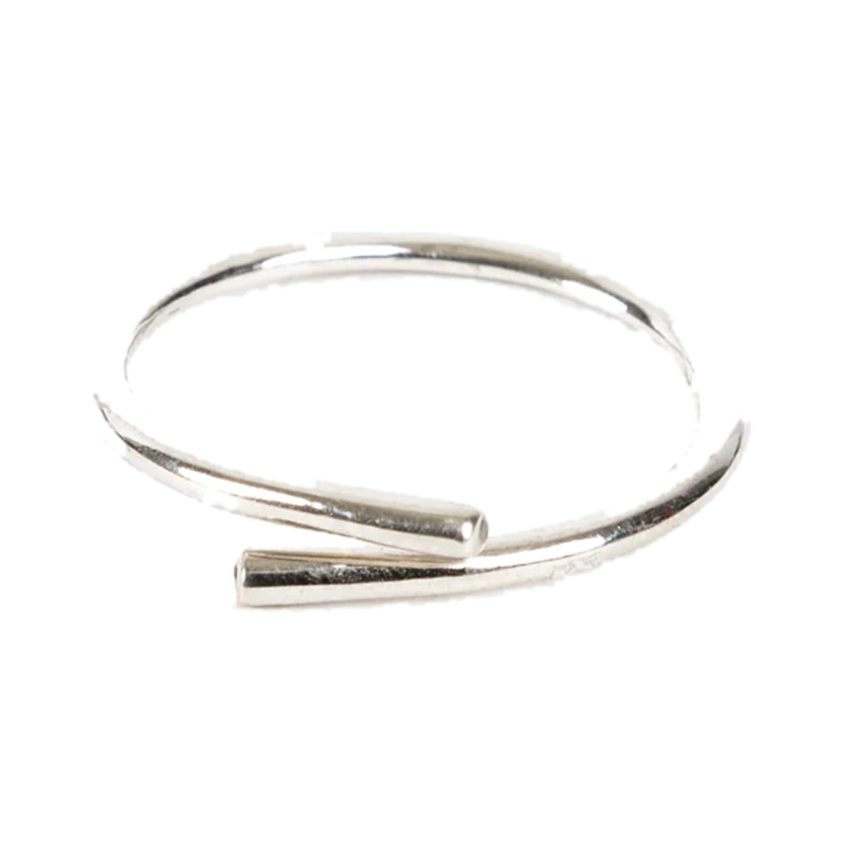 Pipe Ring by Federation, smooth silver wire band wrapping past itself into an open end, on white