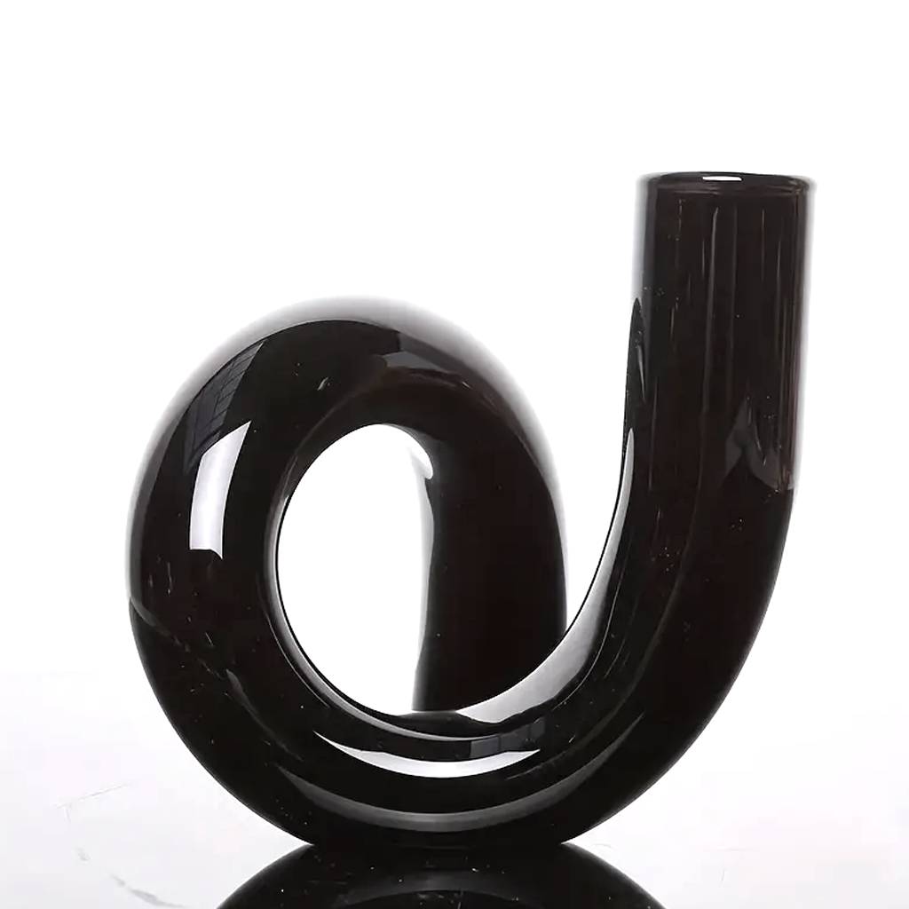 Black J-Curve glass vase with a glossy finish, shown alone on a plain white background