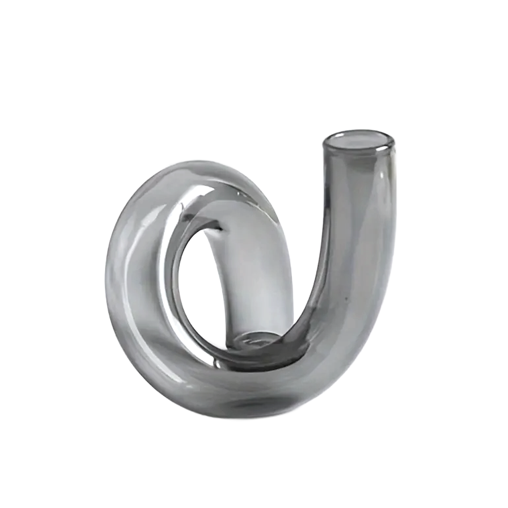 Smoke grey J-Curve glass vase showing the full loop, photographed alone on white