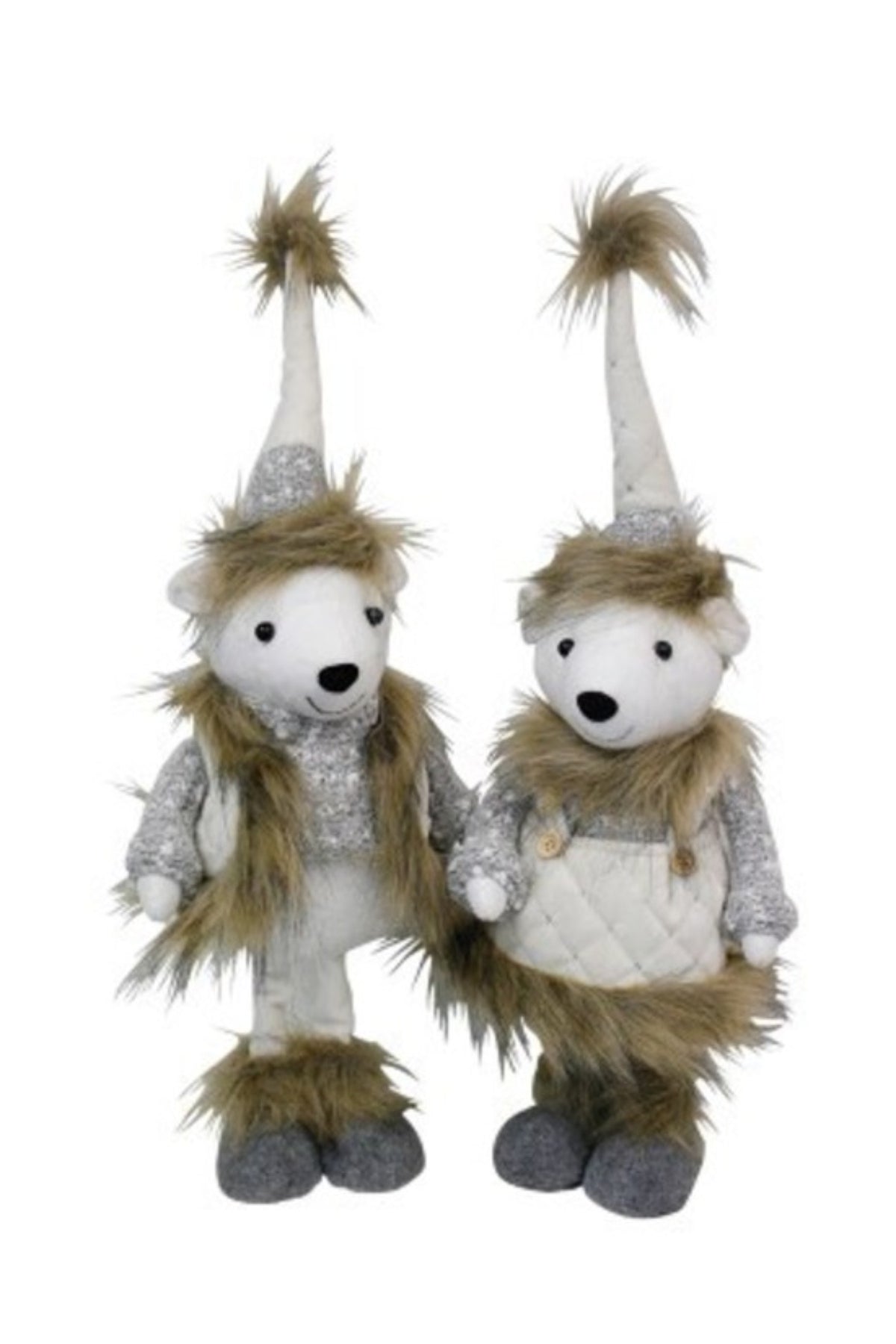 Two standing plush polar bears in grey and faux fur outfits with tall hats, 56cm