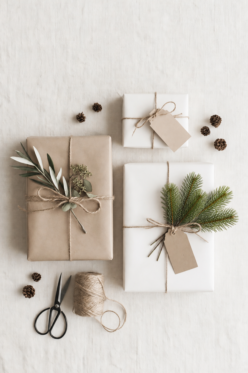 Pine Bundle of three faux pine sprigs tied on a white gift with twine and kraft tags