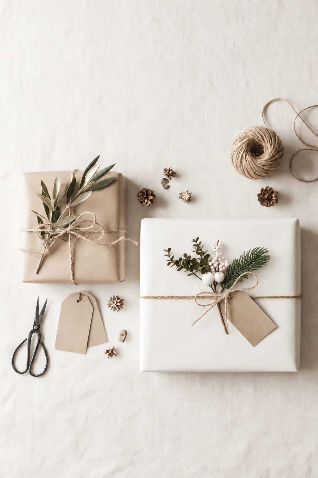 Mini Apple Pick with red apples, berries and pine tucked into twine on a white wrapped gift
