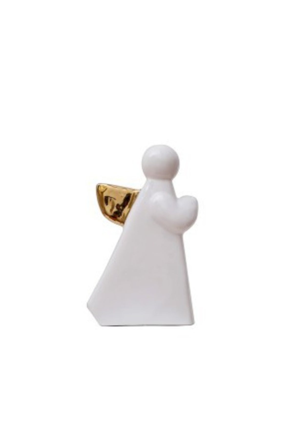 Simple white porcelain angel figurine in side profile with a gold wing, 16.5cm