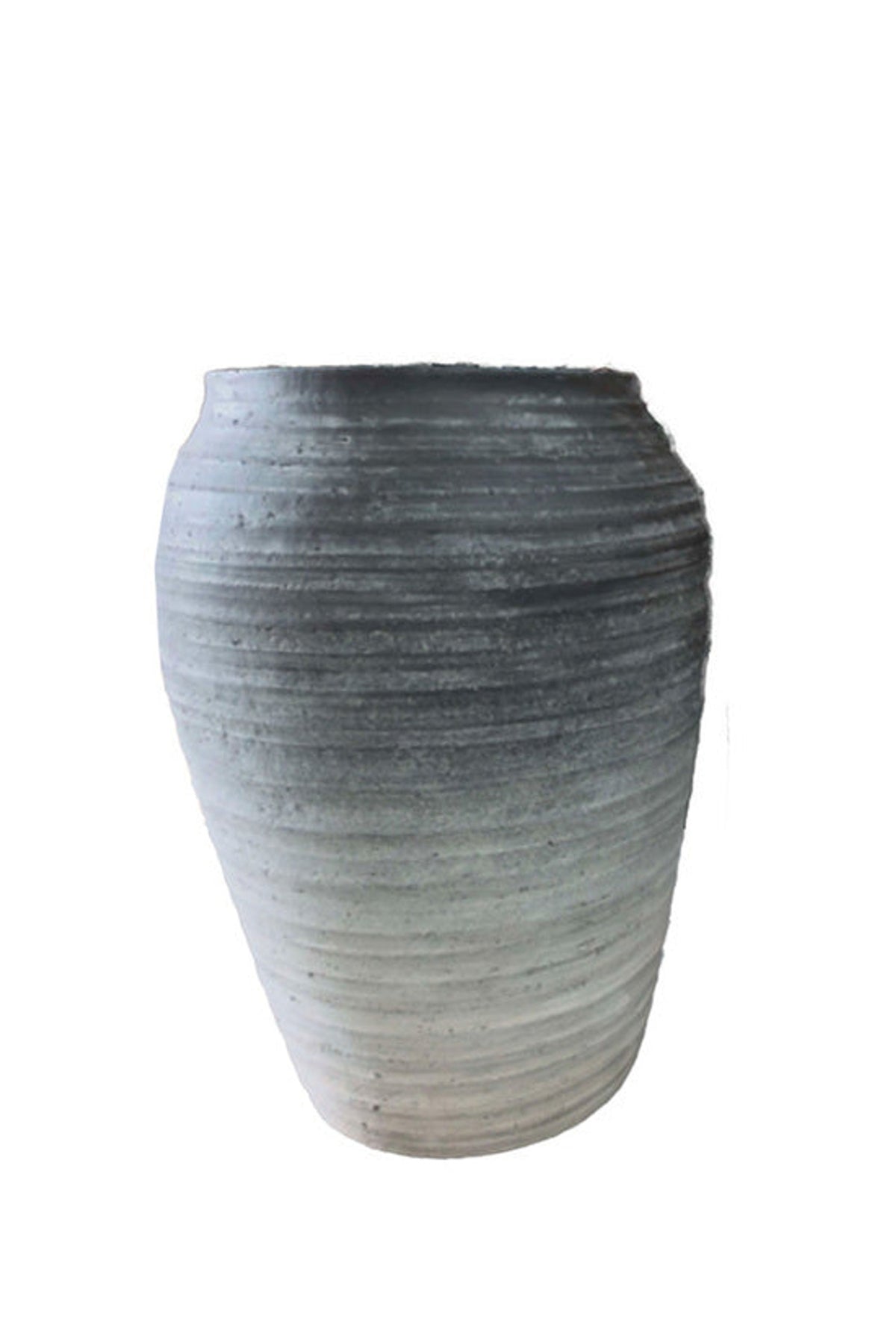 Portico Outdoor Pot, medium, tall rounded ribbed planter in slate grey ombre
