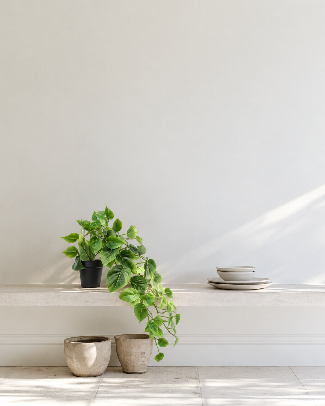 Potted Hanging Philodendron faux plant in a black pot trailing over a stone shelf above rustic pots