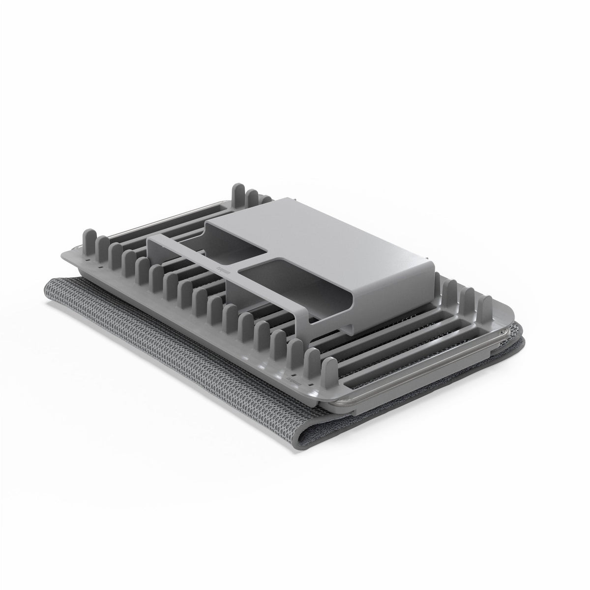 Umbra Udry dish rack in charcoal folded flat, showing the wire plate slots