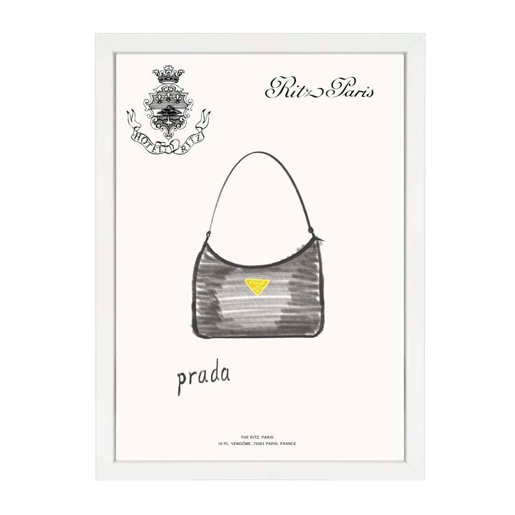 Prada Handbag Print by Papier HQ in a white frame, sketched shoulder bag with a yellow logo and Ritz Paris script