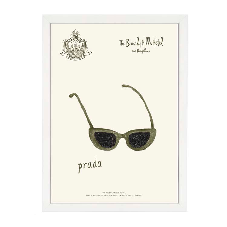 Prada Sunglasses Print by Papier HQ in a white frame, olive cat-eye sunglasses sketched with a vintage hotel crest and script