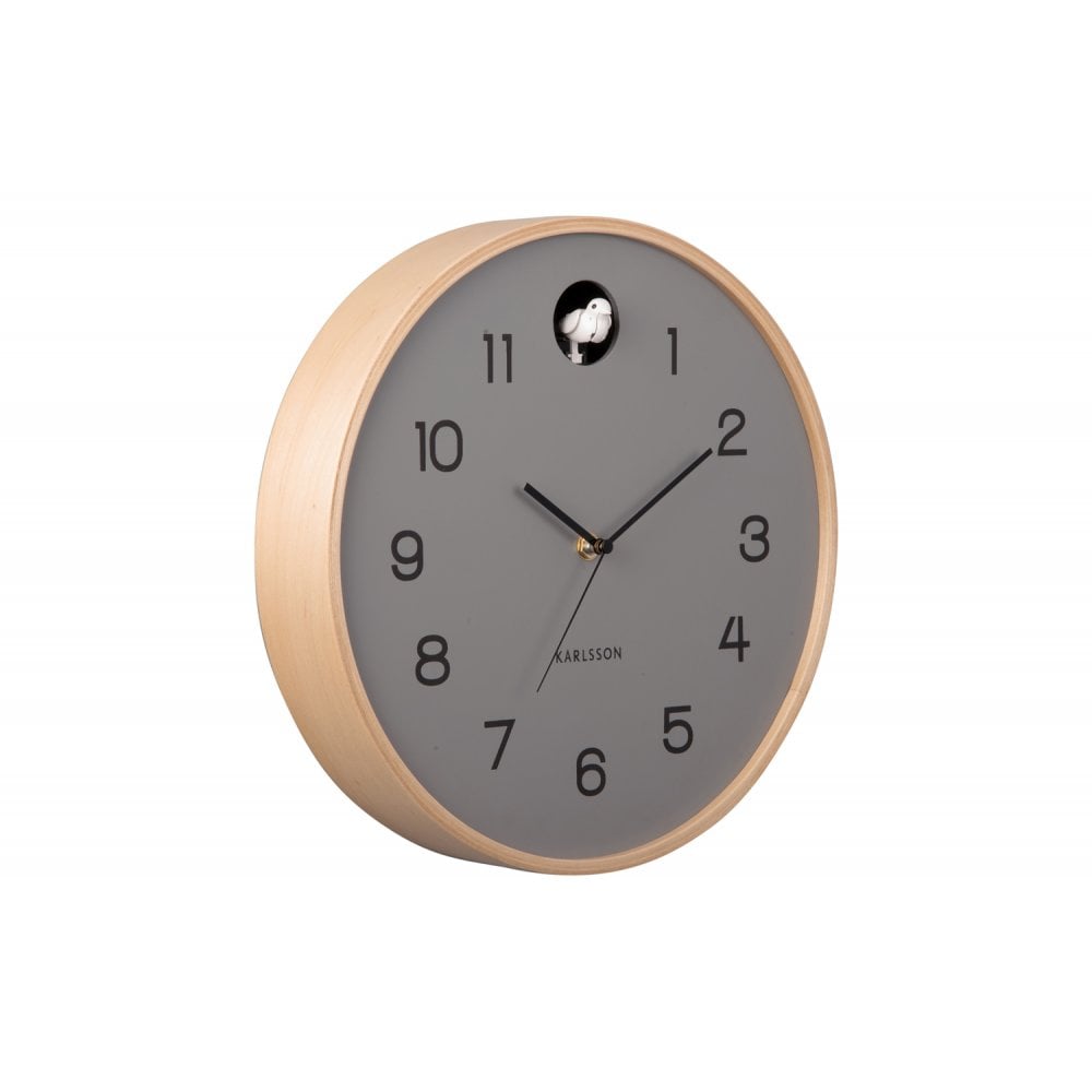 Karlsson Natural Cuckoo Clock with grey face and birch rim, angled view