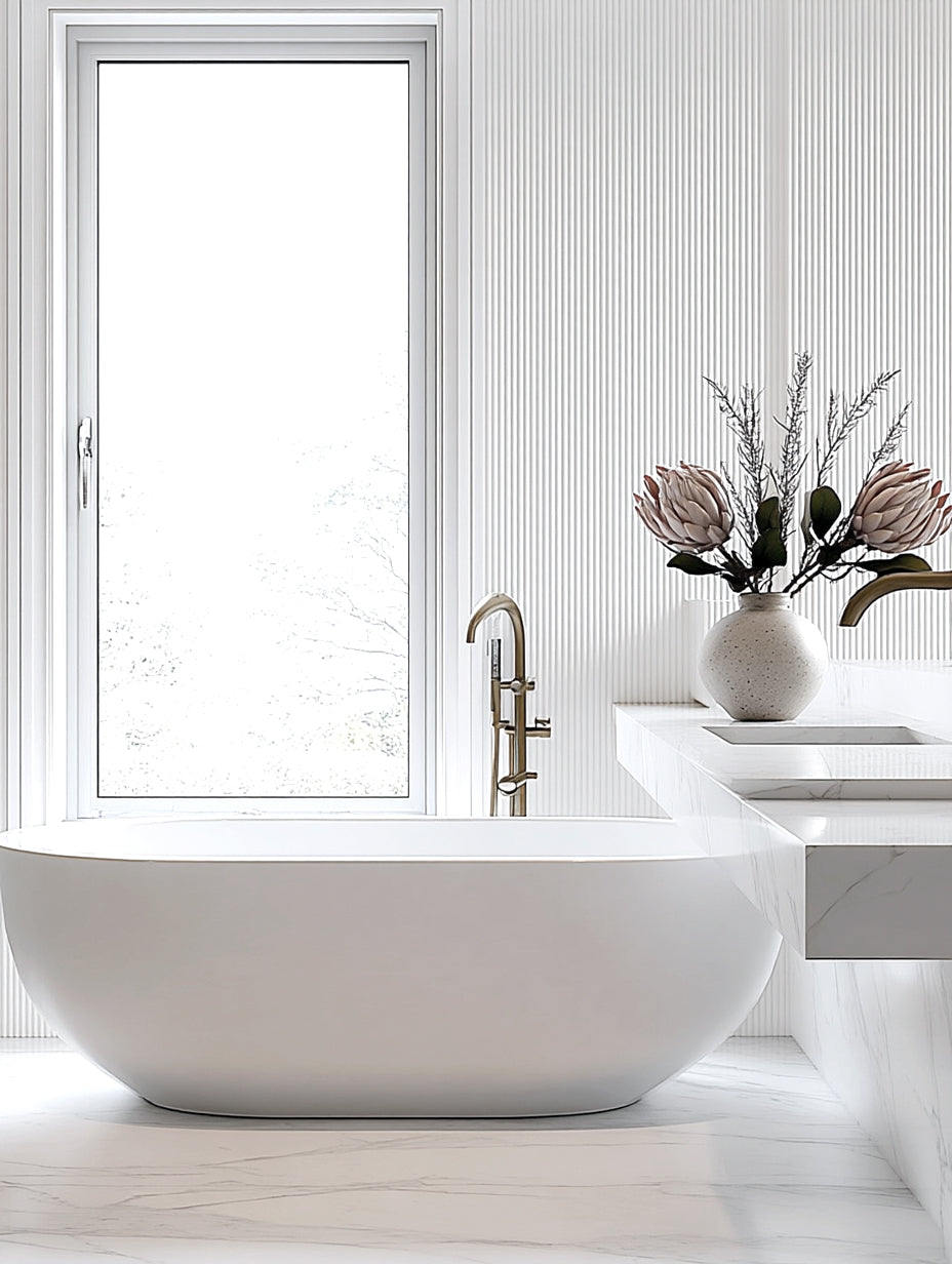 A modern bathroom with a freestanding white tub, minimalist fluted wall panels, and a sculptural artificial protea arrangement in soft peach and pink tones styled in a ceramic vase on a floating marble vanity.