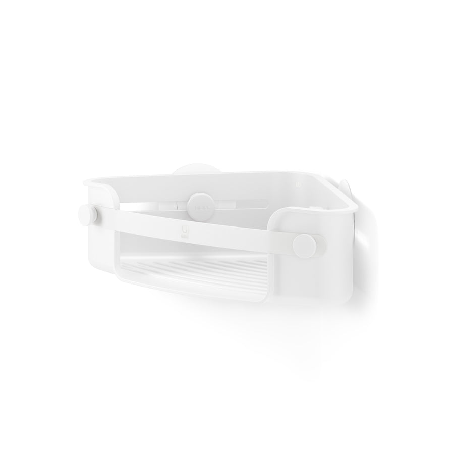Umbra Flex adhesive corner bin in white, angled view of the triangular caddy