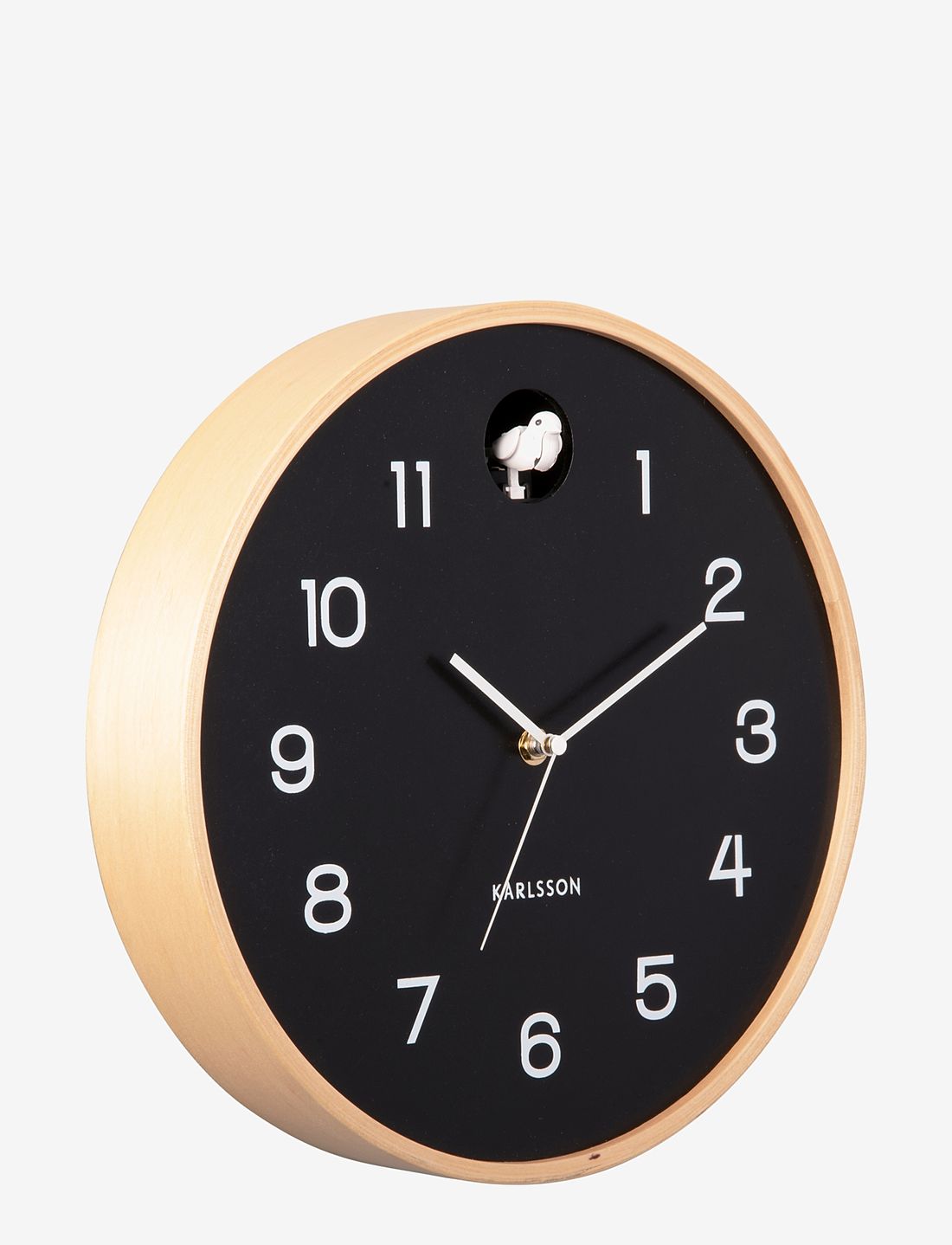 Karlsson Natural Cuckoo Clock with black face and birch rim, angled view on white