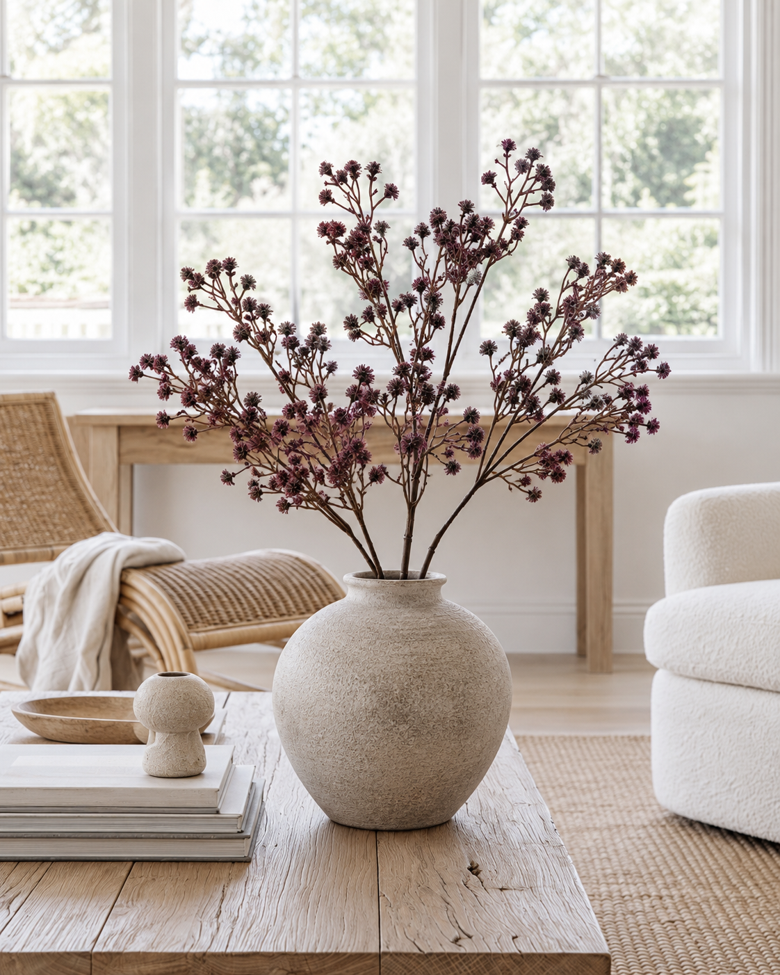 Shiraz faux gypsophila in a textured stone vase on a timber coffee table in a bright living room