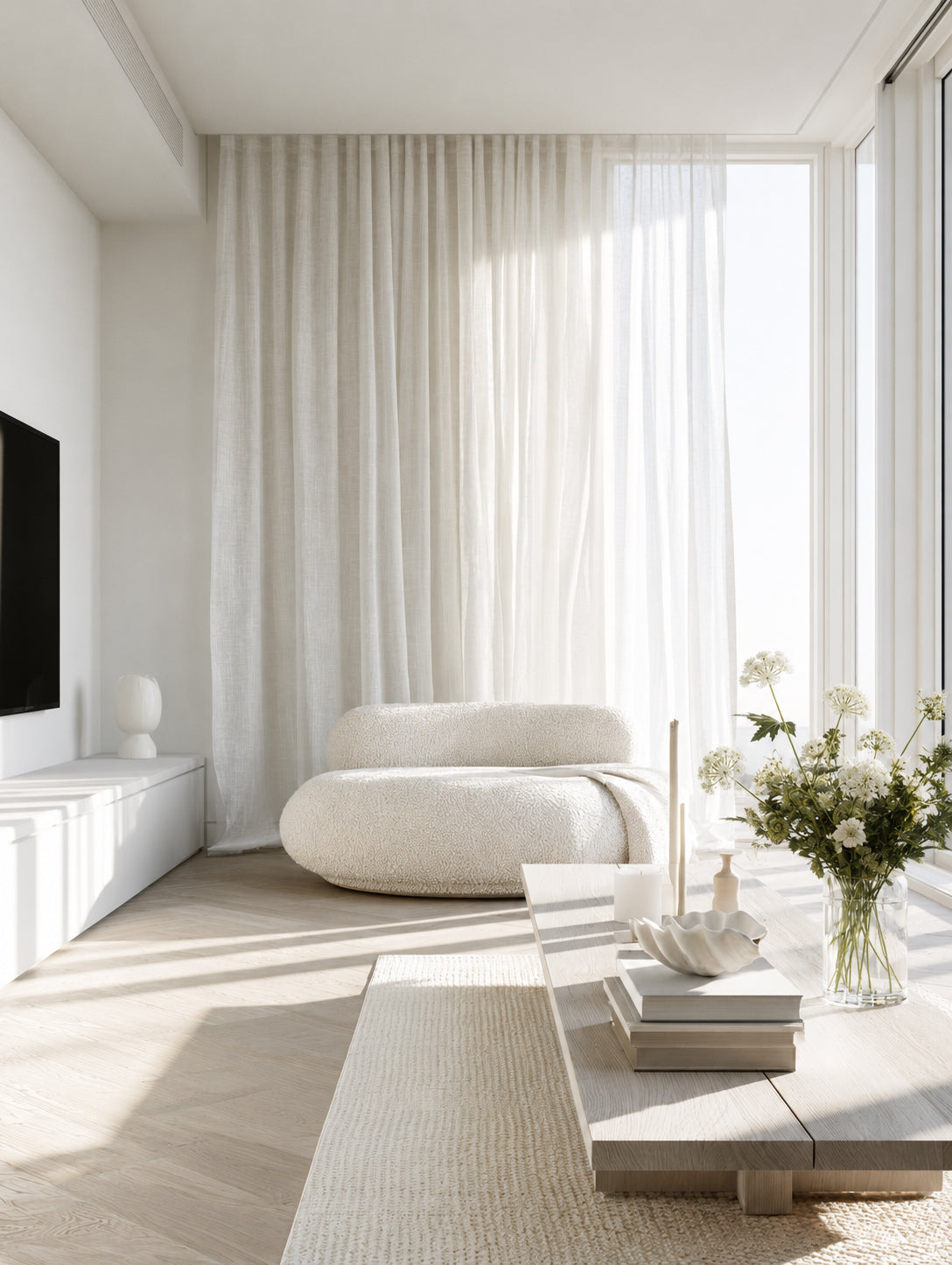 Queen Anne Lace white faux stem in glass vase styled on coffee table with boucle chair and sheer linen curtains