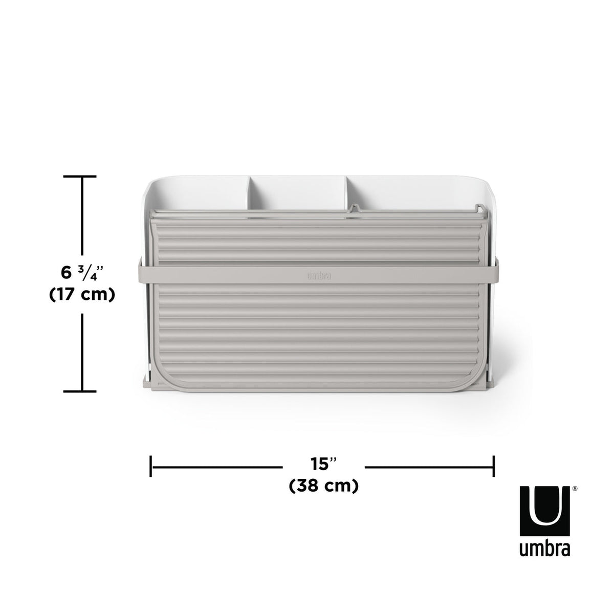 Umbra Sling foldable dish rack dimension diagram, 38cm wide by 17cm high
