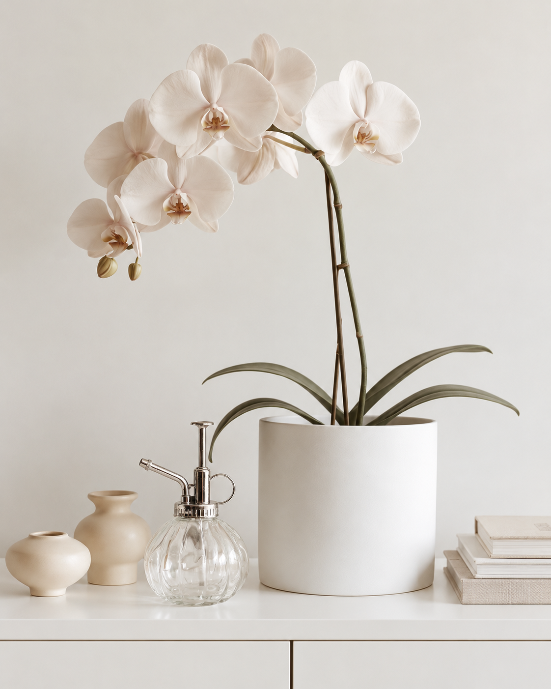 Glass plant mister with a silver pump beside a white orchid in a white pot on a white shelf