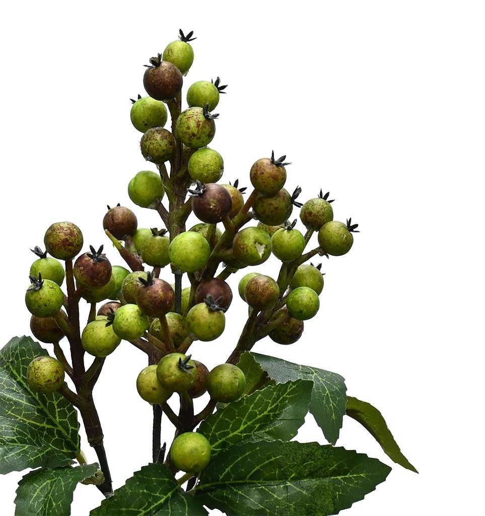Close detail of Rattan Berry faux berries, speckled green and russet brown with small dark crowns, above green leaves.