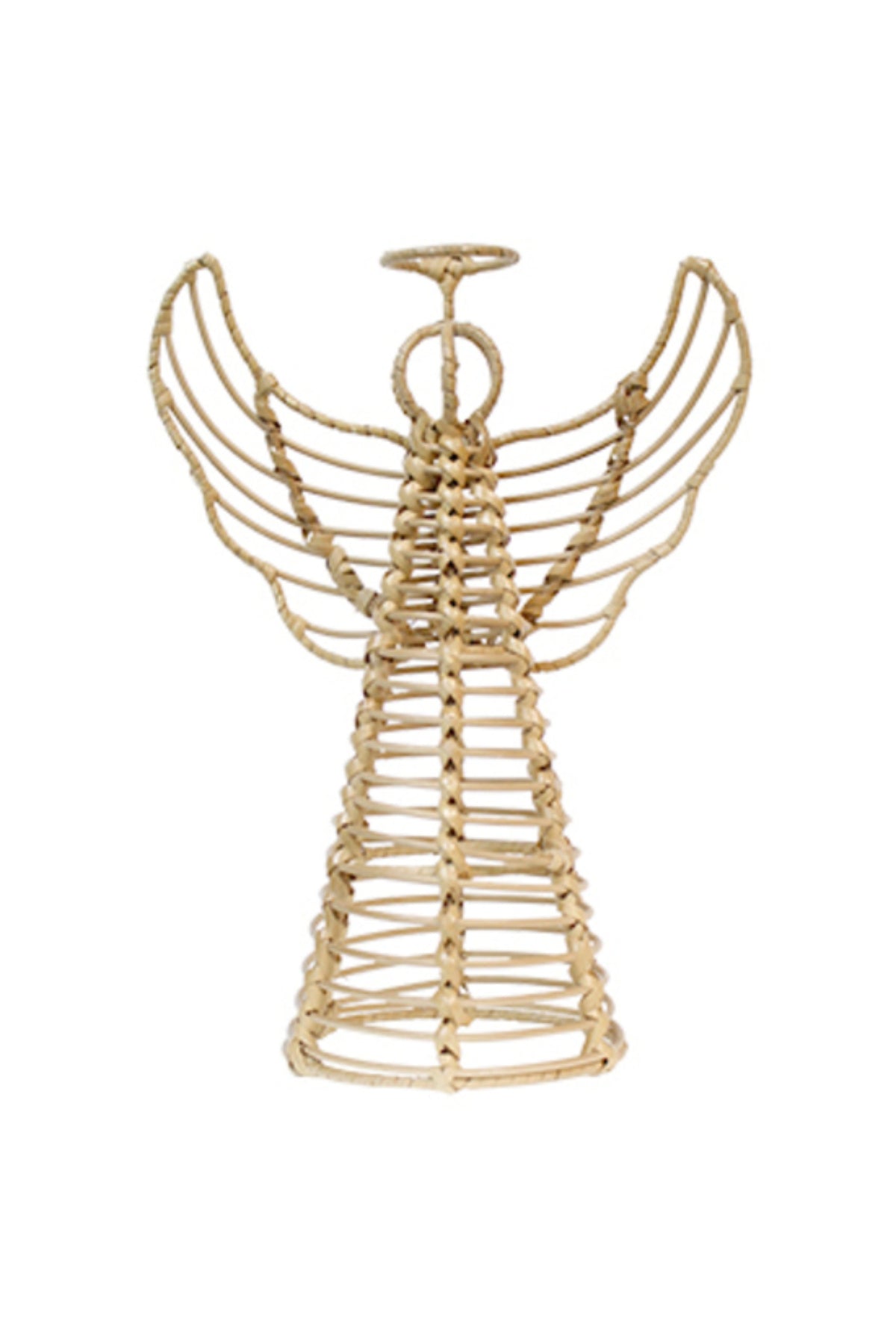 Natural rattan wire-frame Christmas angel with outstretched wings and a halo, large (26cm W x 15cm D x 35cm H)