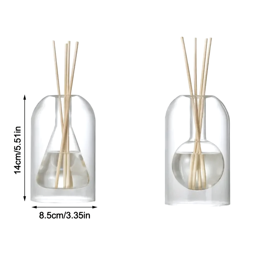 Size diagram for the glass reed diffuser, 14cm high and 8.5cm wide, shown in two vessel shapes