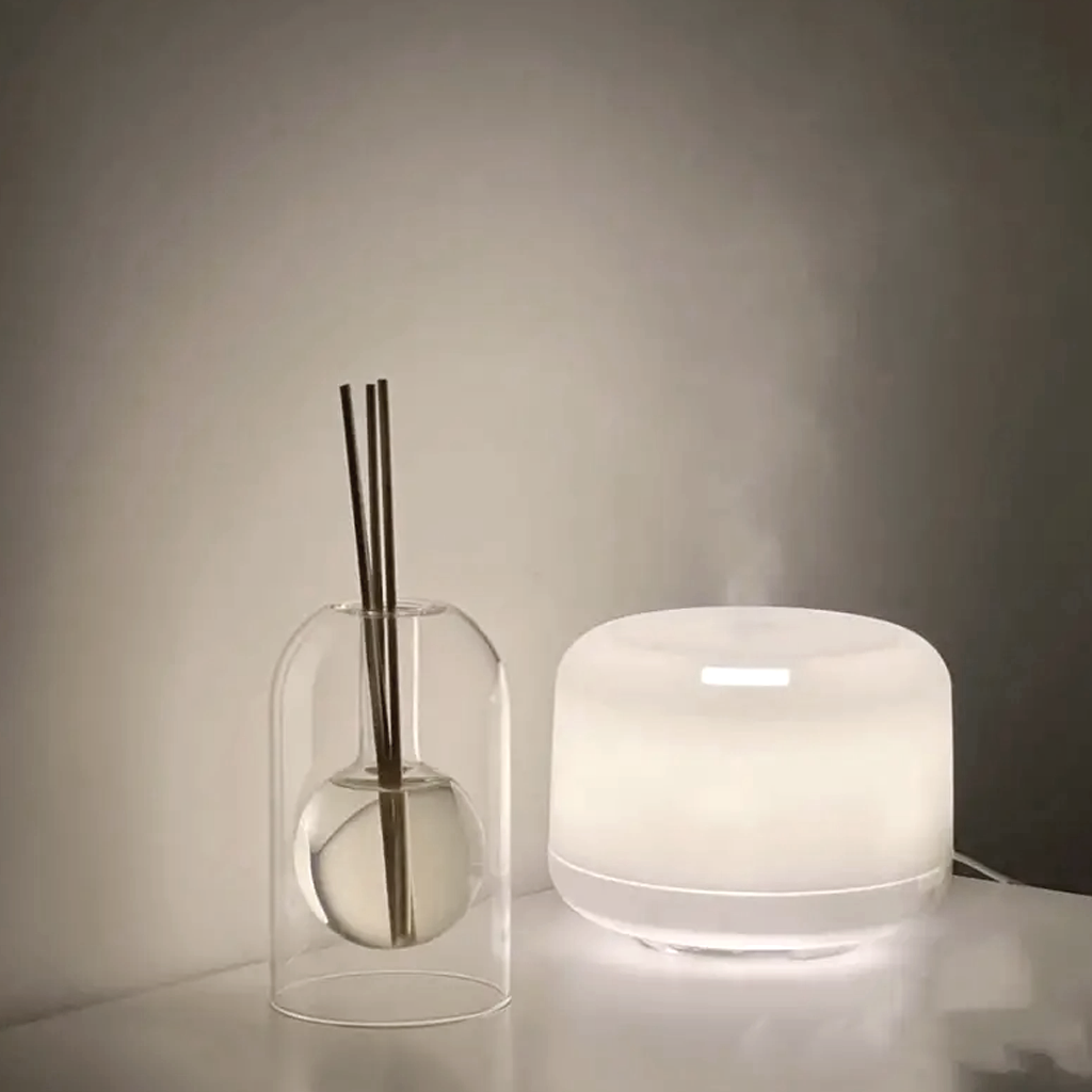 Glass reed diffuser on a bench beside a lit electric diffuser releasing mist