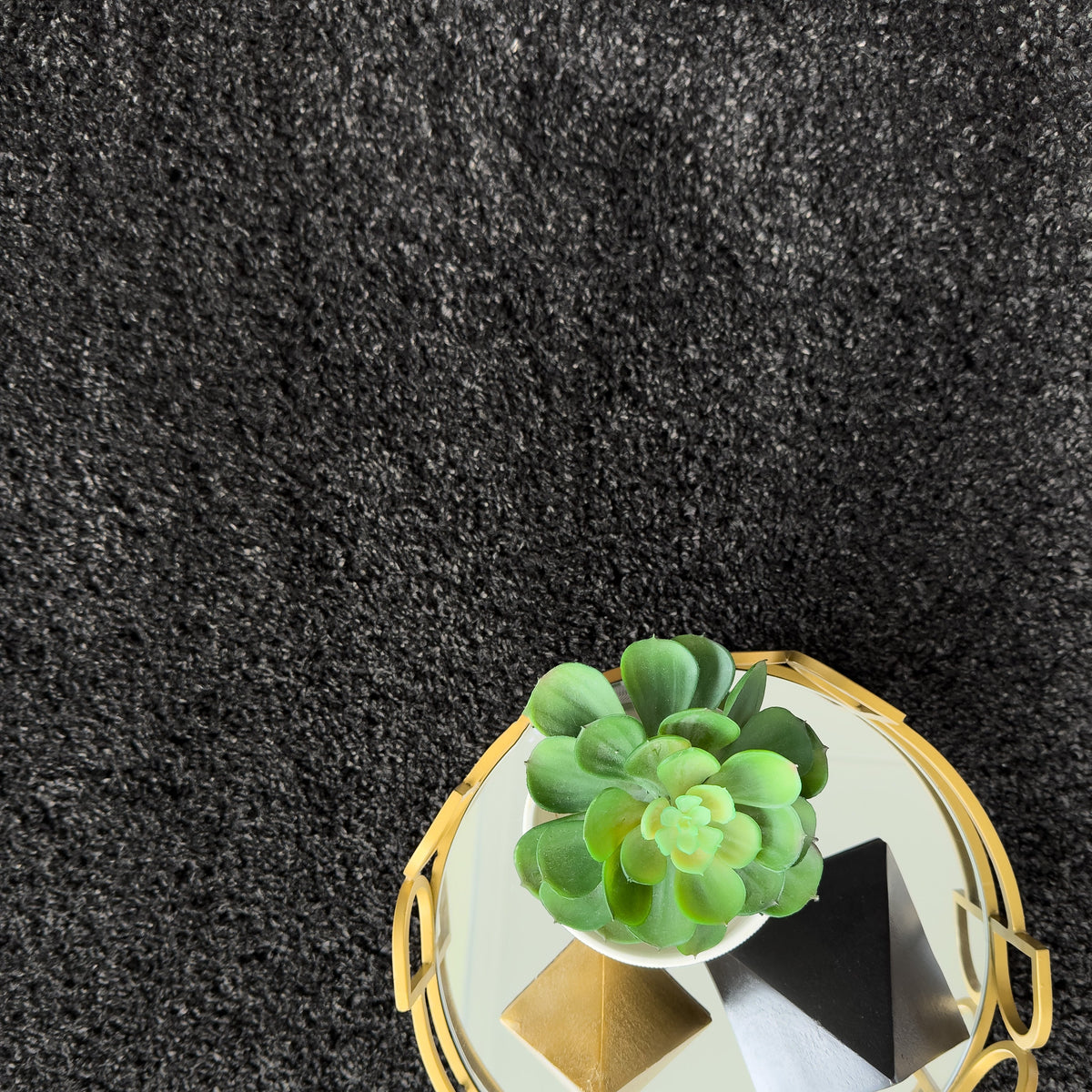 Charcoal plush pile from above with a gold tray holding a succulent