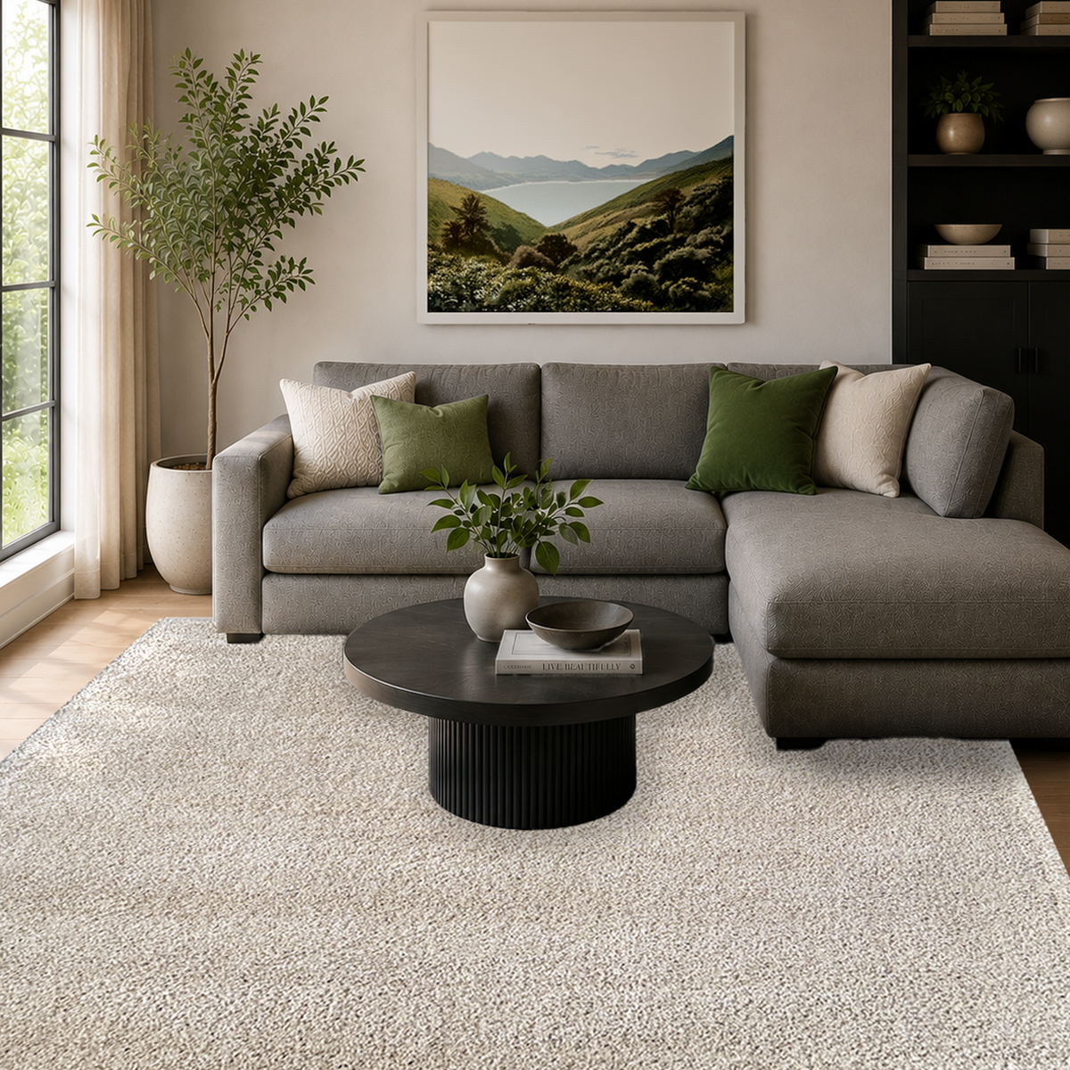 Oatmeal rug under a round black coffee table in front of a grey sectional sofa with green cushions
