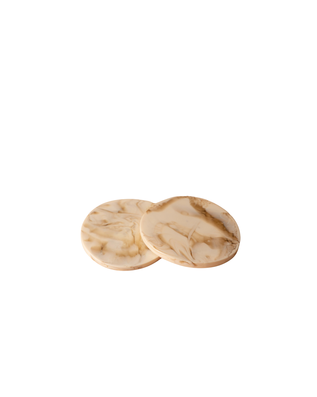 Ned Collections resin coasters in Tiramisu, two cream and caramel marbled coasters, on a white background