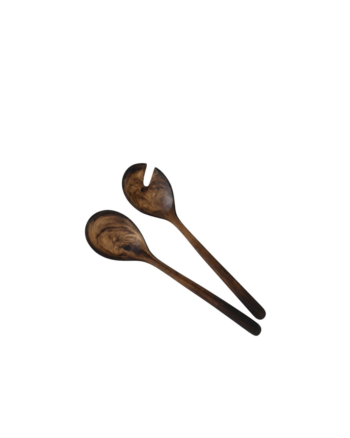 Ned Collections resin salad servers in Chocolate, a spoon and notched server, on a white background