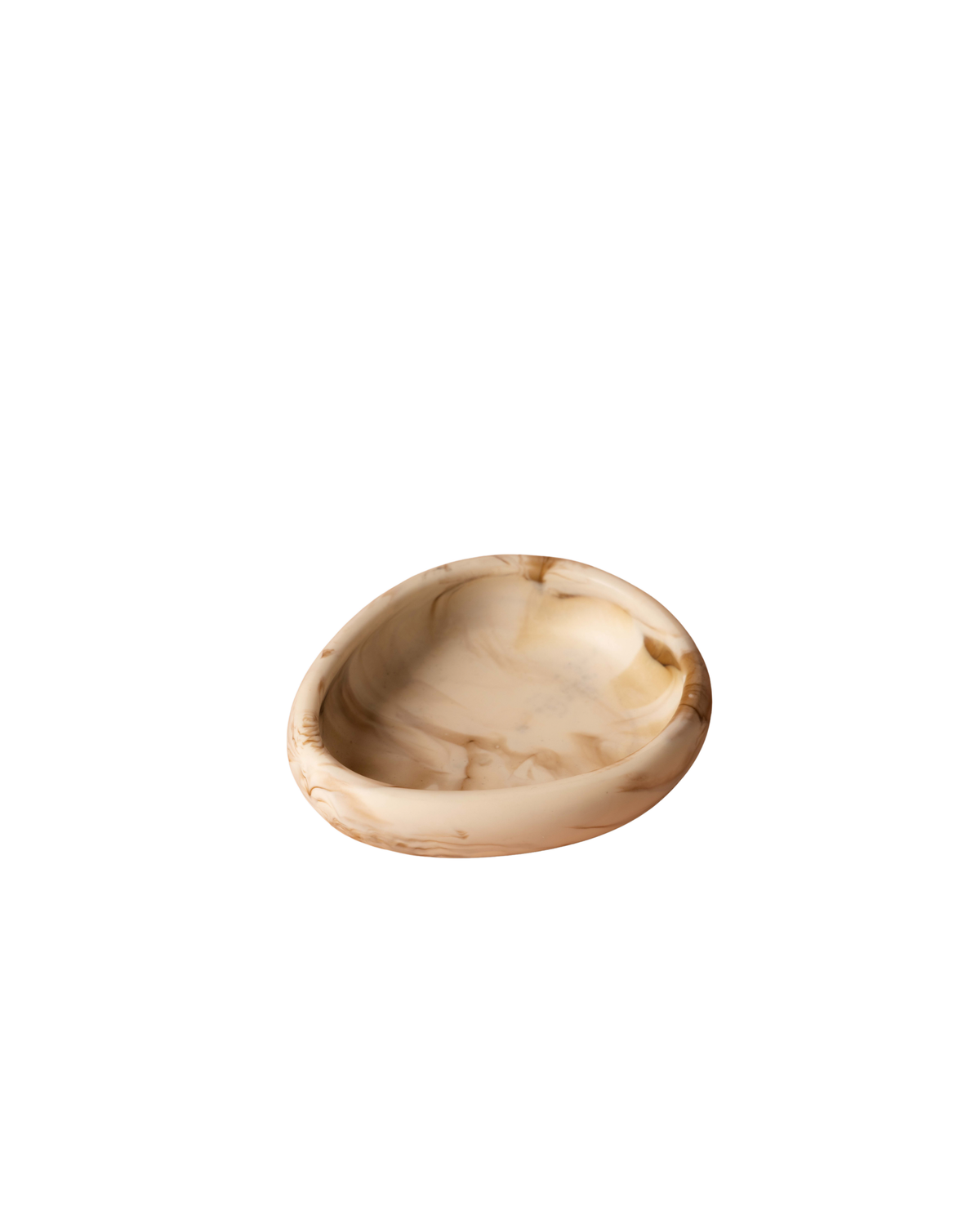Ned Collections resin small bowl in Tiramisu, a shallow cream and caramel marbled dish, on a white background