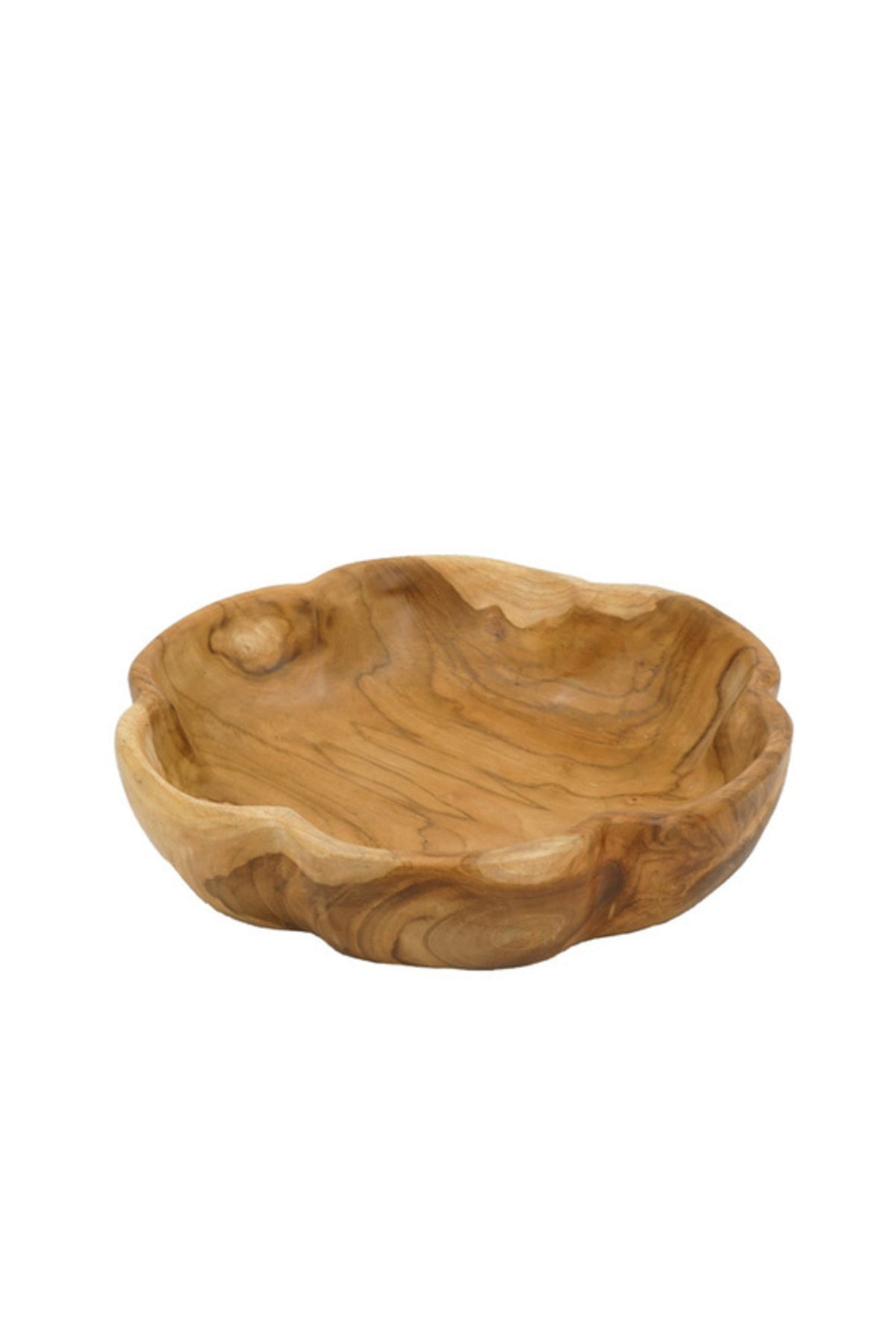 Resort Teak Bowl, shallow carved wooden bowl 30cm with an organic rim and honey grain