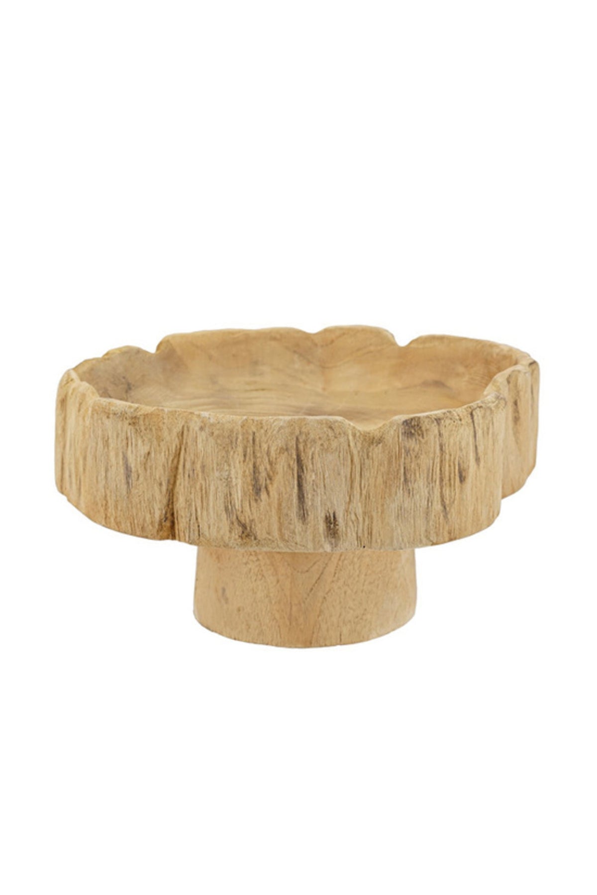 Retreat Pedestal Bowl, footed pale teak bowl 30cm with a natural scalloped edge