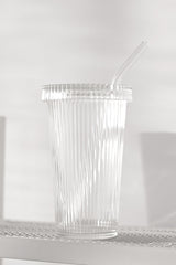 Ribbed glass tumbler with lid and glass straw 320ml fluted iced coffee cup on neutral shelf