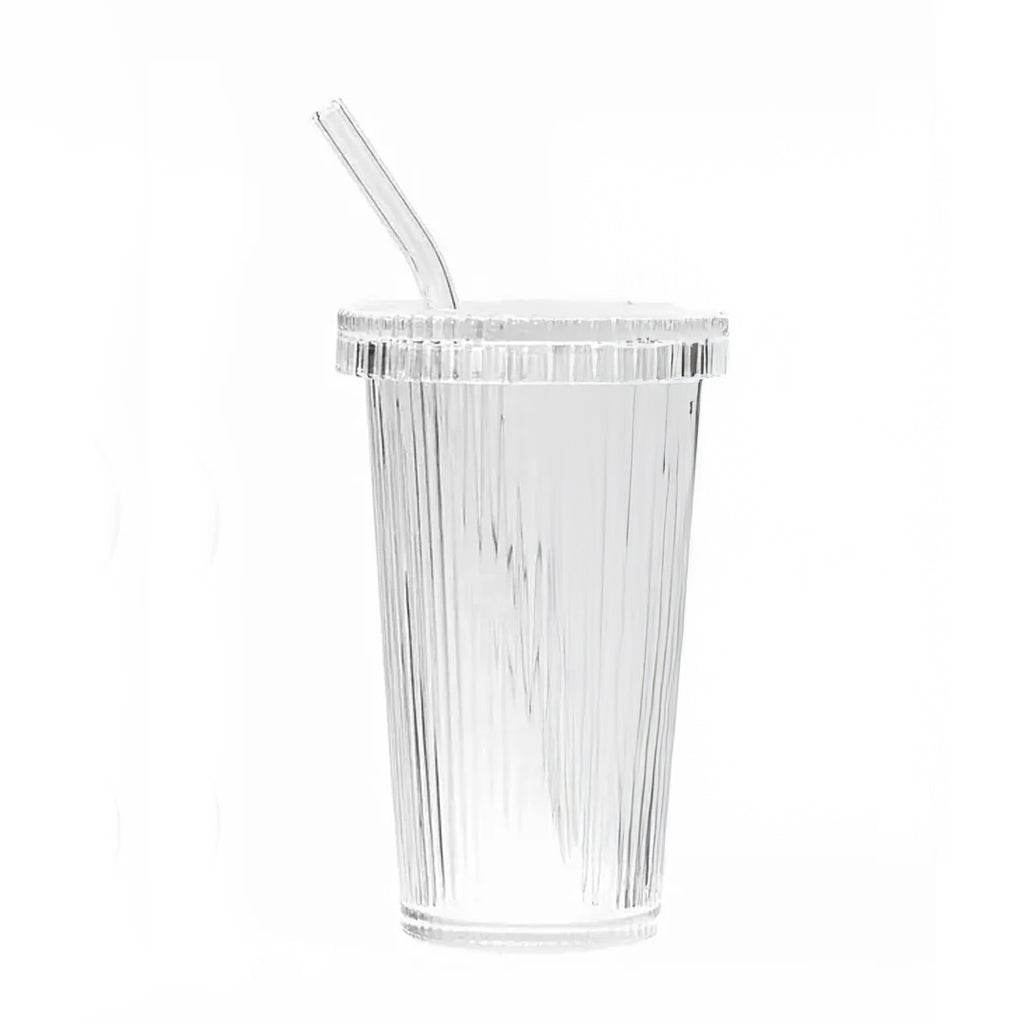 Ribbed Glass Tumbler with lid and glass straw on white background