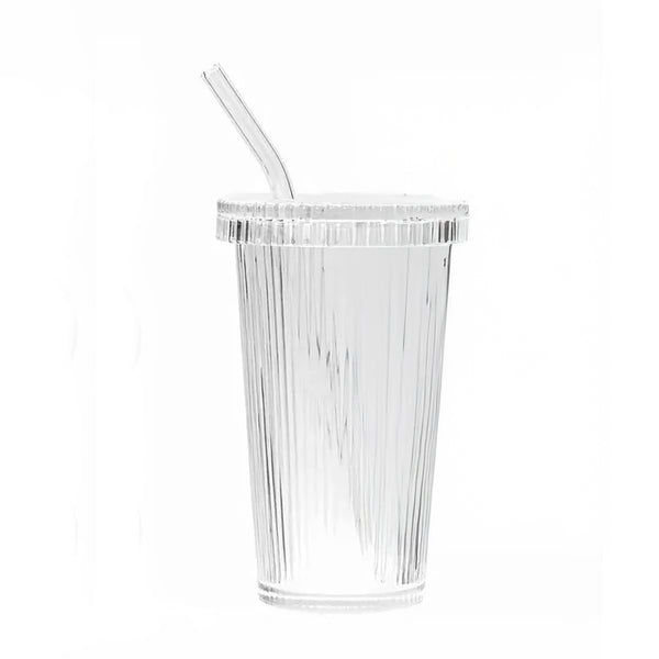 Ribbed Glass Tumbler with Lid & Glass Straw | 320ml Fluted Iced Coffee Cup